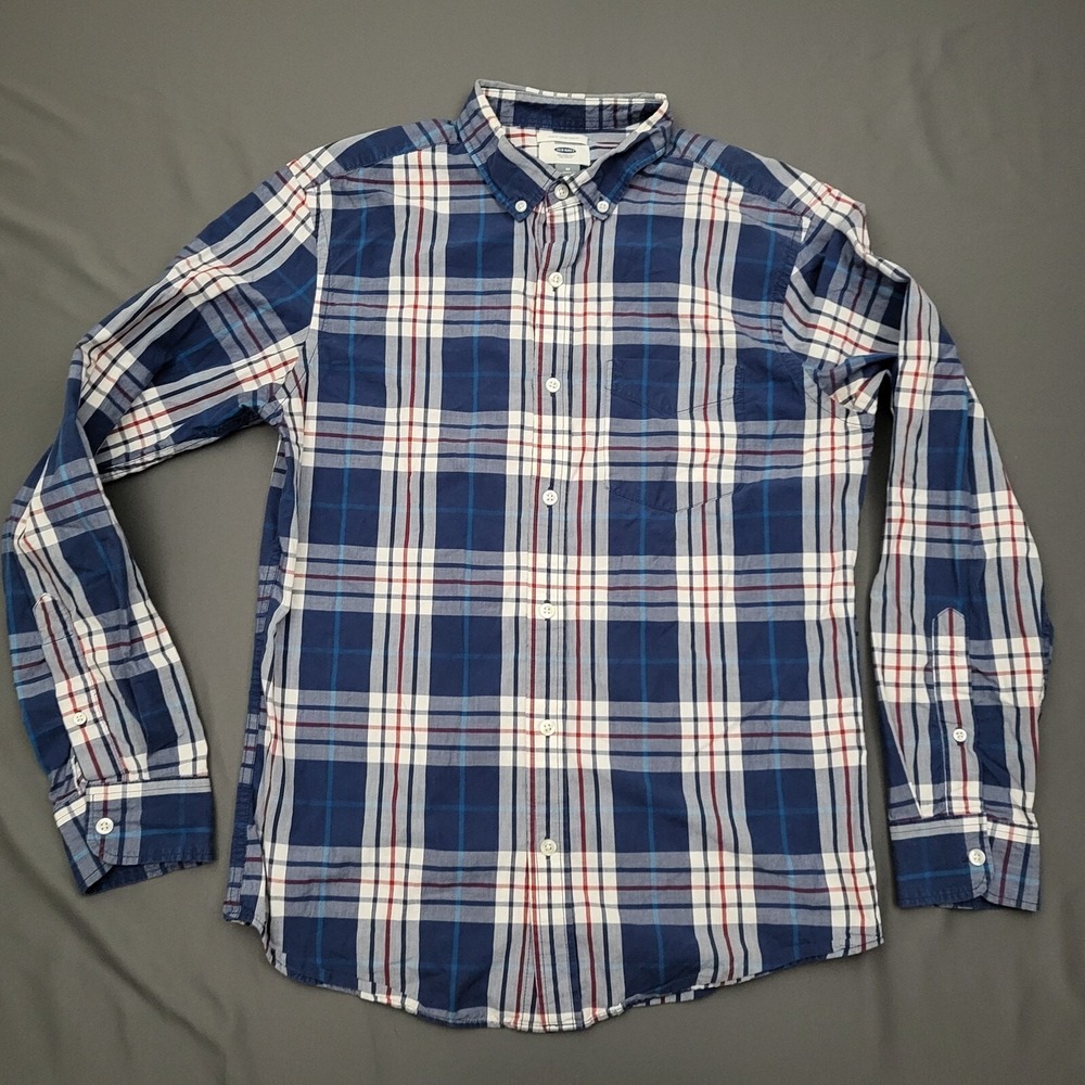 Old Navy Mens Slim Fit Plaid Button Down Shirt Ahoy Navy Blue Red White Size M